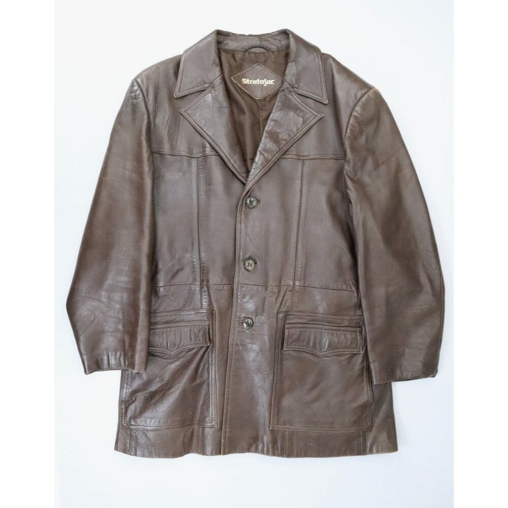 Vintage Stratojac Leather Jacket Mens 44 Brown‎ 70s 80s Lined Button Up Casual